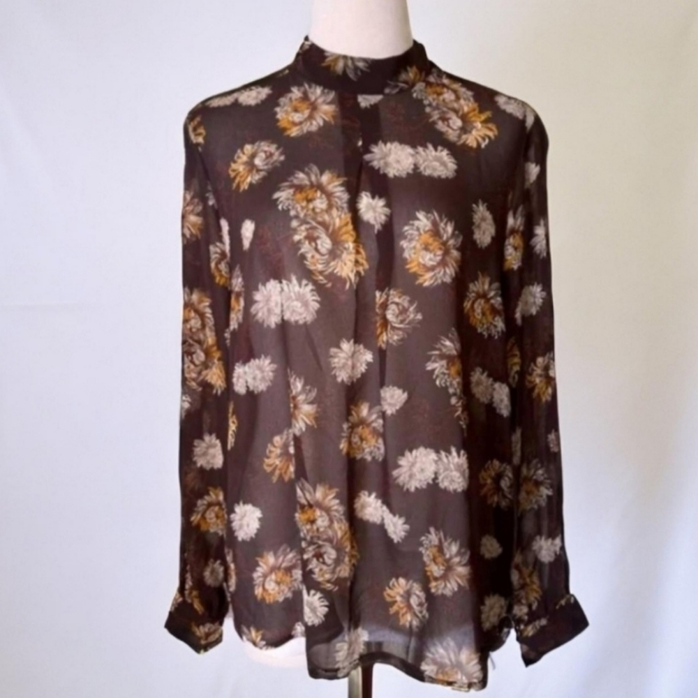 Sheer Mock Neck Floral Blouse, Brown,  Small